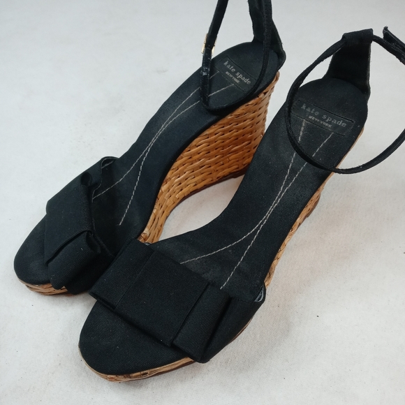 Kate Spade Bamboo Wedge Heels Black Straps Wrap An - Picture 5 of 8